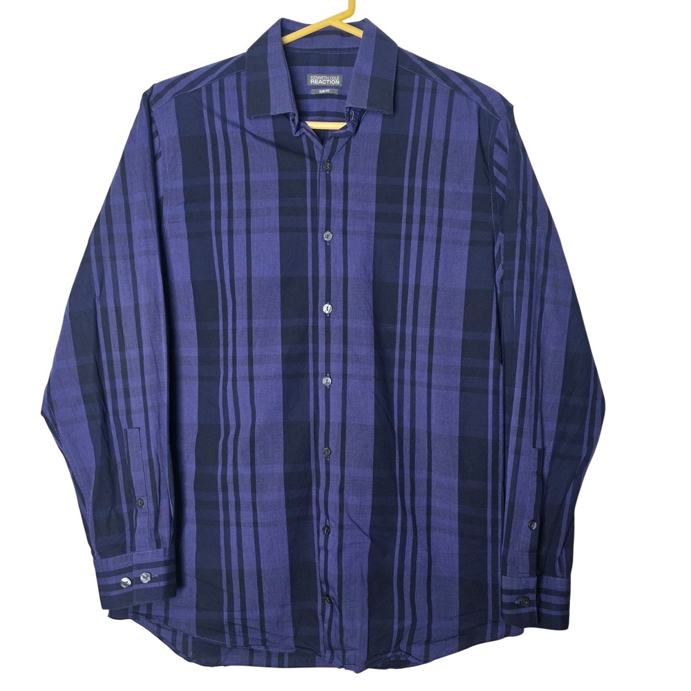 Kenneth Cole Reaction Mens Slim Fit Plaid Button Down Shirt Blue 15.5 32-33